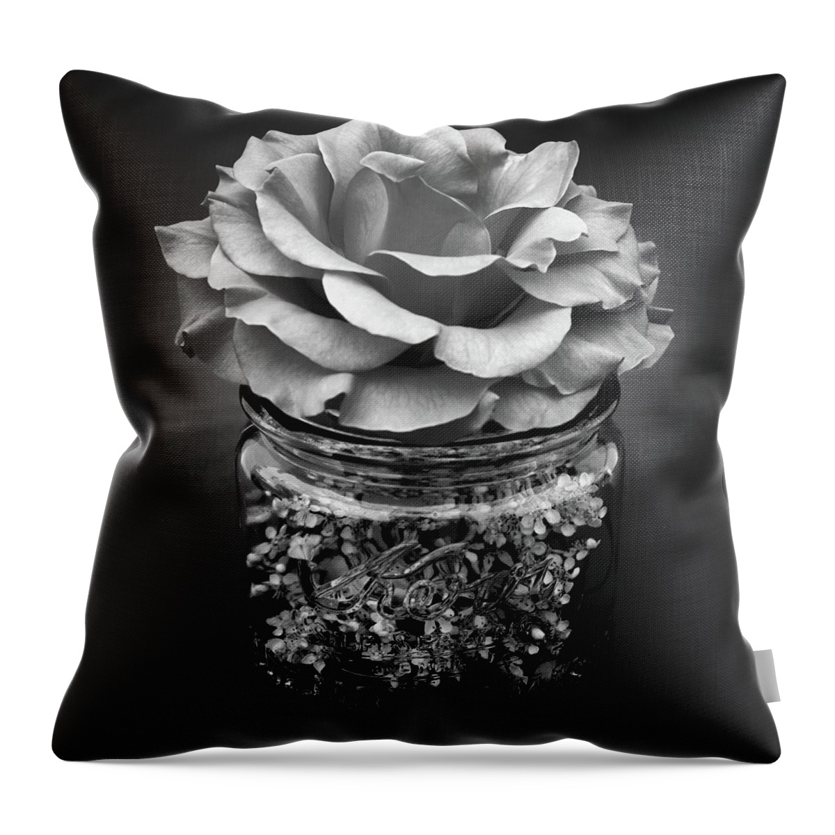 Rose Throw Pillow featuring the photograph Black and White Rose Antique Mason Jar 2 by Kathy Anselmo