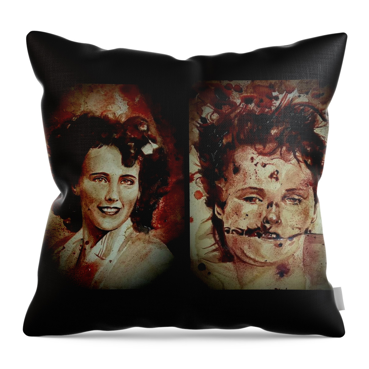 Ryan Almighty Throw Pillow featuring the painting Black Dahlia Elizabeth Short before and after by Ryan Almighty