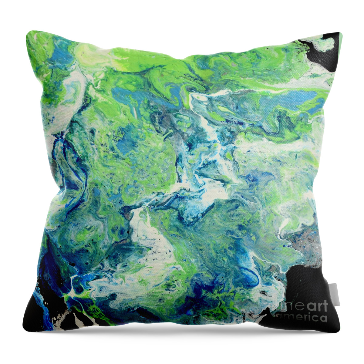 Green Throw Pillow featuring the painting Blue and Green Vibrations by Shelly Tschupp