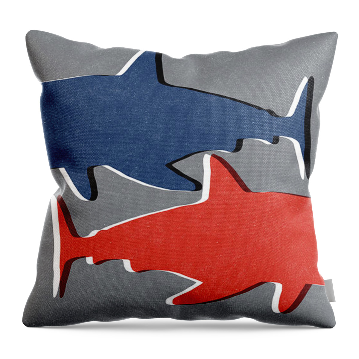Shark Throw Pillow featuring the mixed media Blue and Red Sharks by Linda Woods