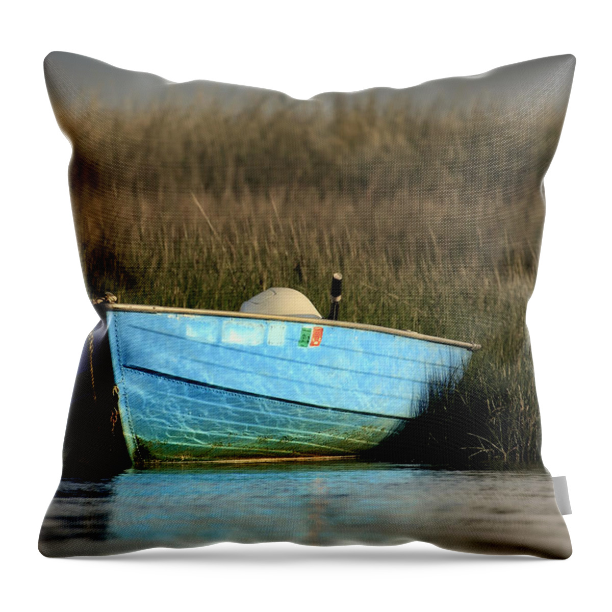 Blue Throw Pillow featuring the photograph Blue Boat Eastham Cape Cod Boat Meadow Creek by Darius Aniunas
