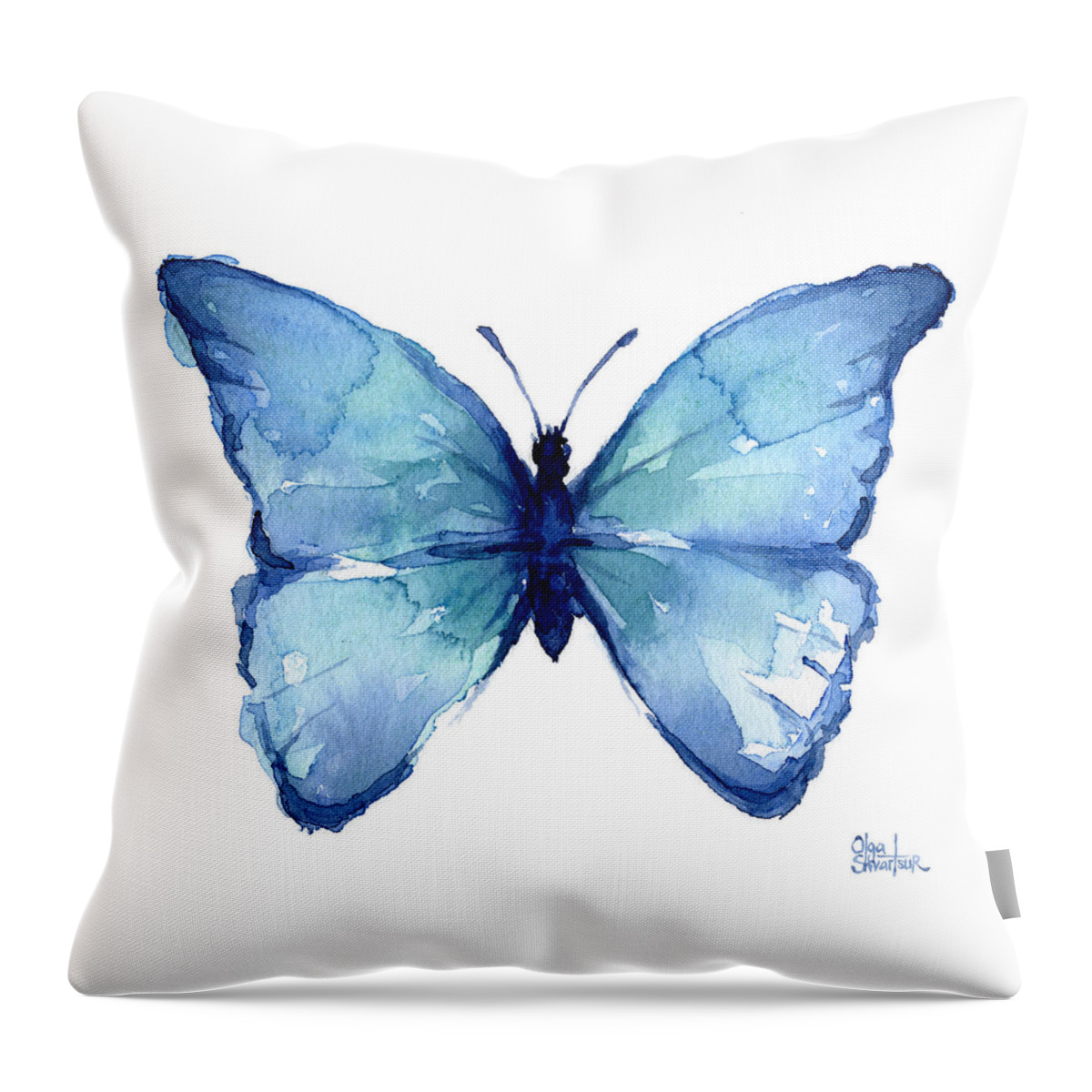 Watercolor Throw Pillow featuring the painting Blue Butterfly Watercolor by Olga Shvartsur