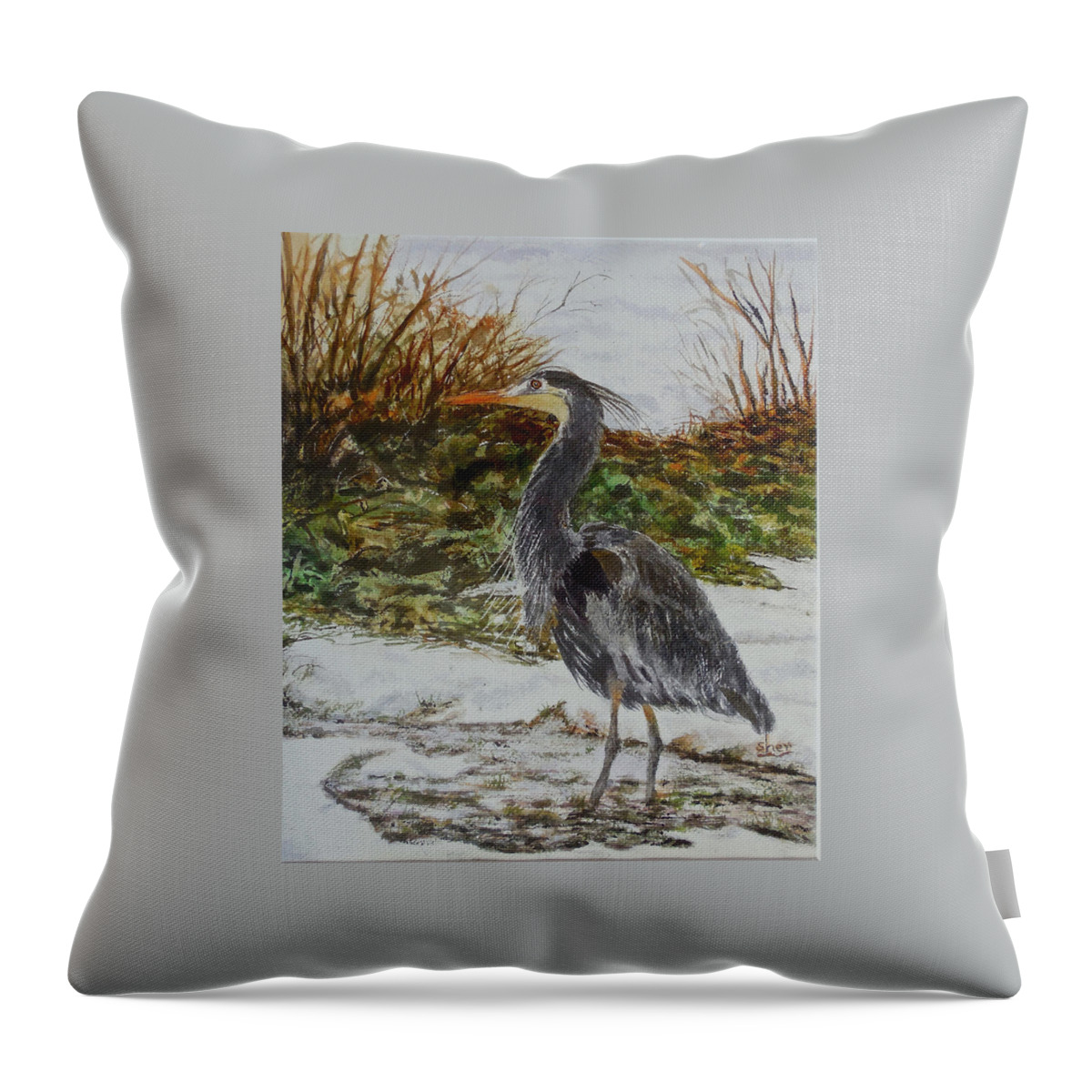 Watercolour Painting Throw Pillow featuring the painting Blue Heron by Sher Nasser