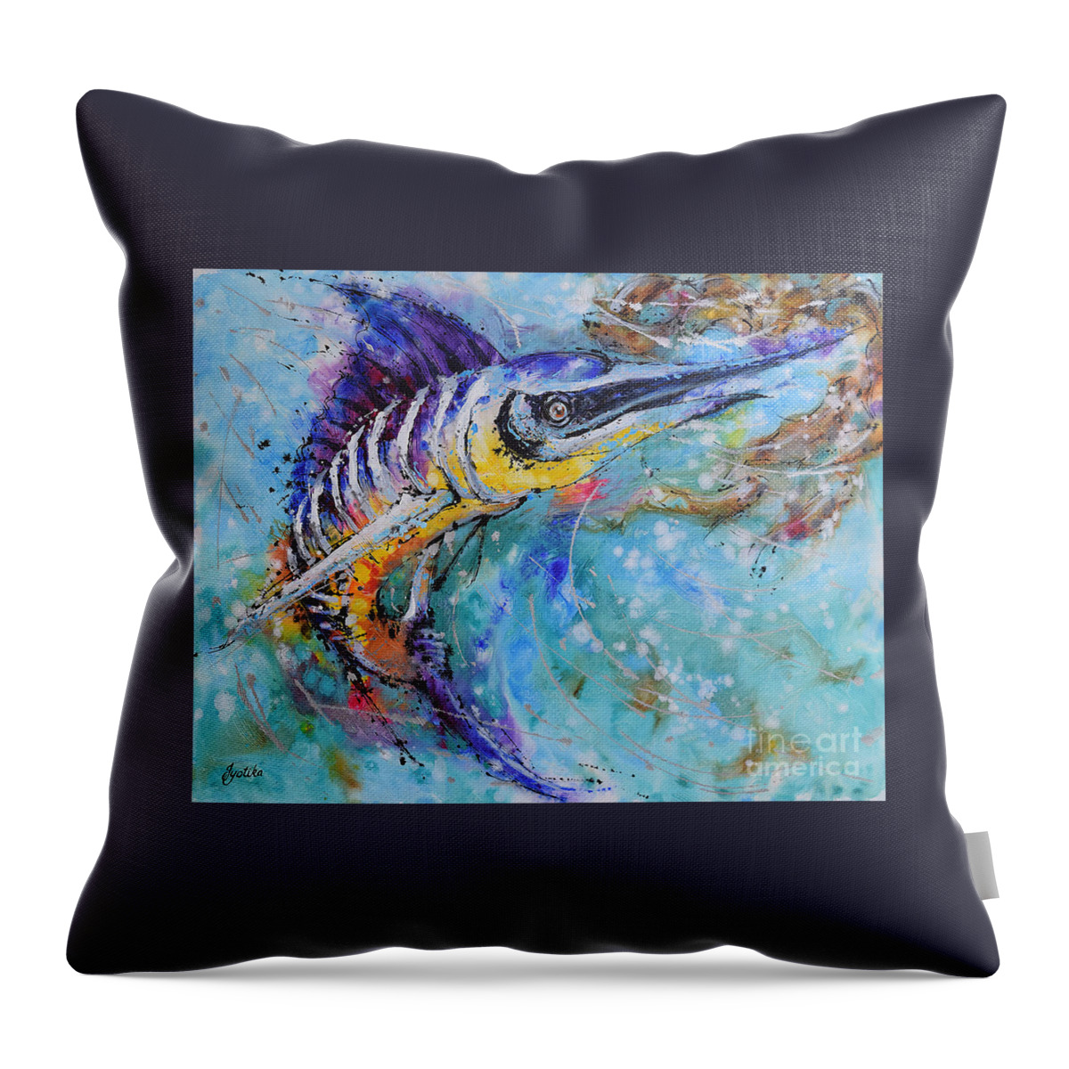 Blue Marlin's Twist Throw Pillow featuring the painting Blue Marlin's Twist by Jyotika Shroff