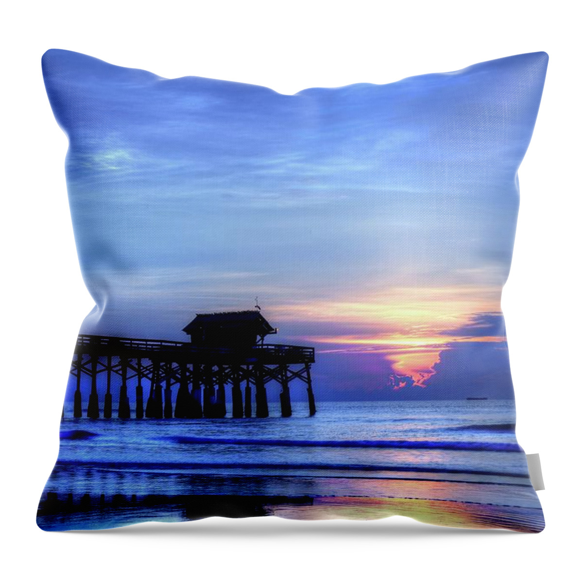 Blue Morning Over Cocoa Beach Pier Throw Pillow featuring the photograph Blue Morning Over Cocoa Beach Pier by Carol Montoya