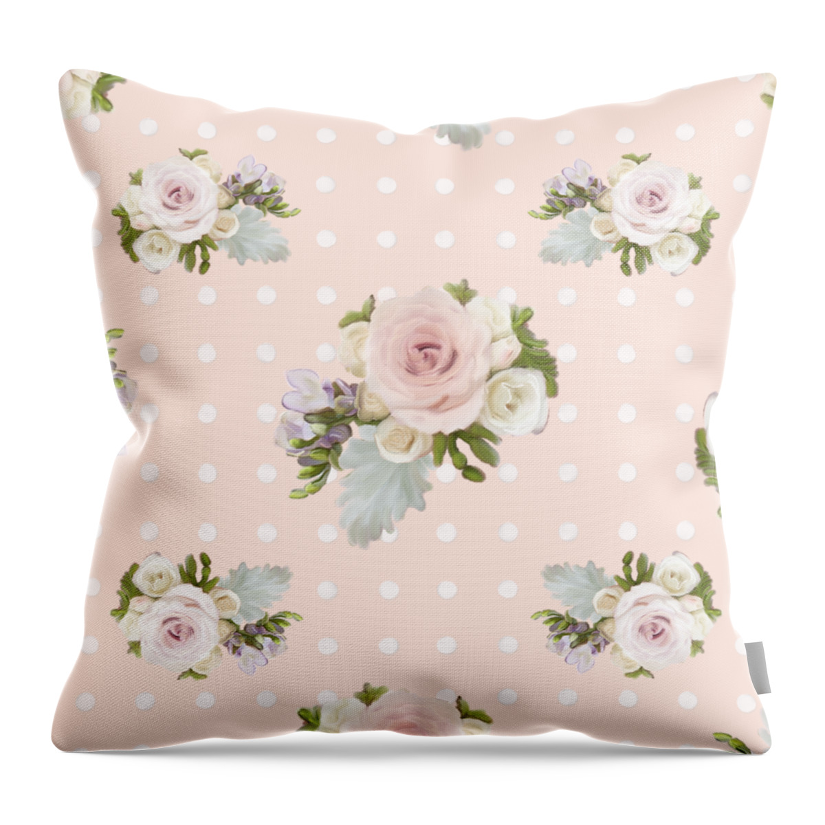Blush Pink Throw Pillow featuring the painting Blush Pink Floral Rose Cluster w Dot Bedding Home Decor Art by Audrey Jeanne Roberts