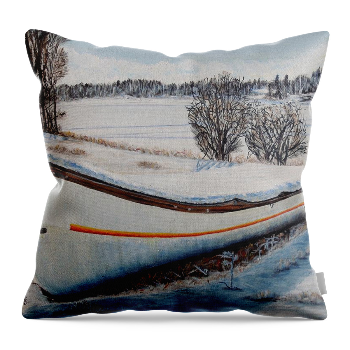 Boat Throw Pillow featuring the painting Boat under snow by Marilyn McNish