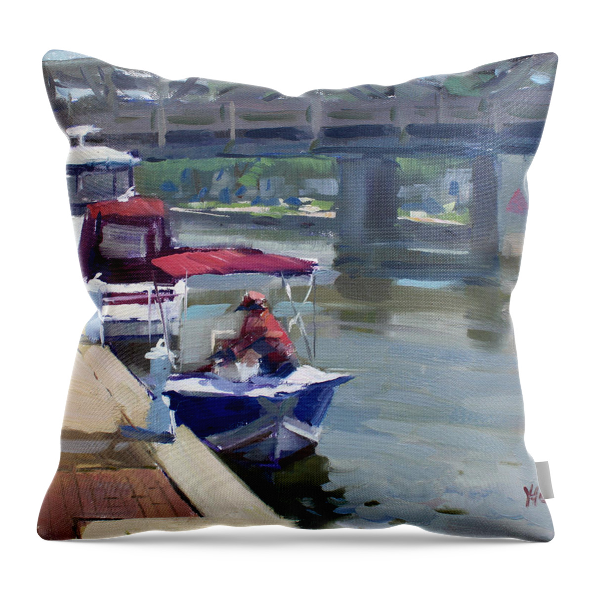 Boats Throw Pillow featuring the painting Boats At North Tonawanda Canal by Ylli Haruni