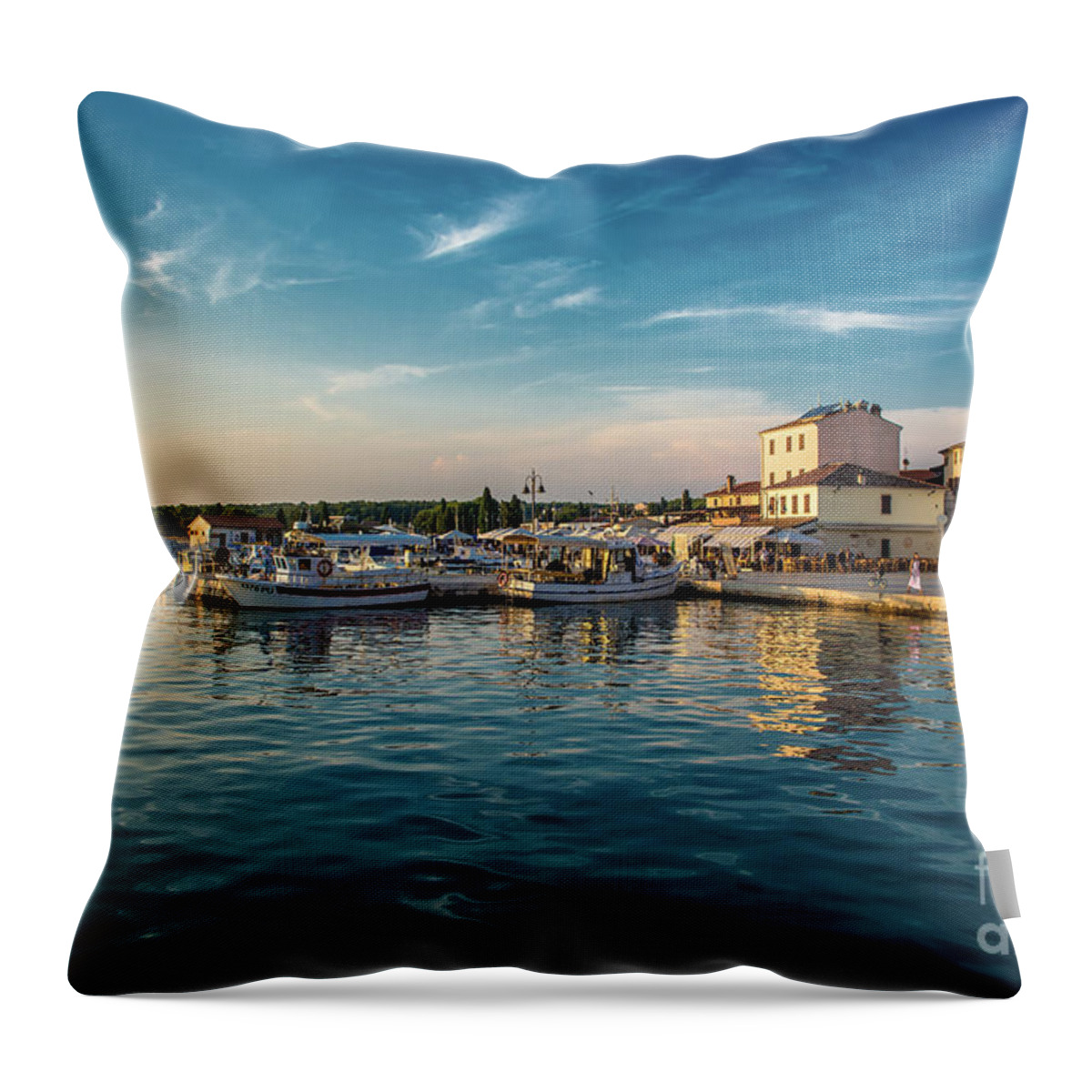 Harbor Throw Pillow featuring the photograph Boats in Harbor in Croatia at Sunset by Andreas Berthold