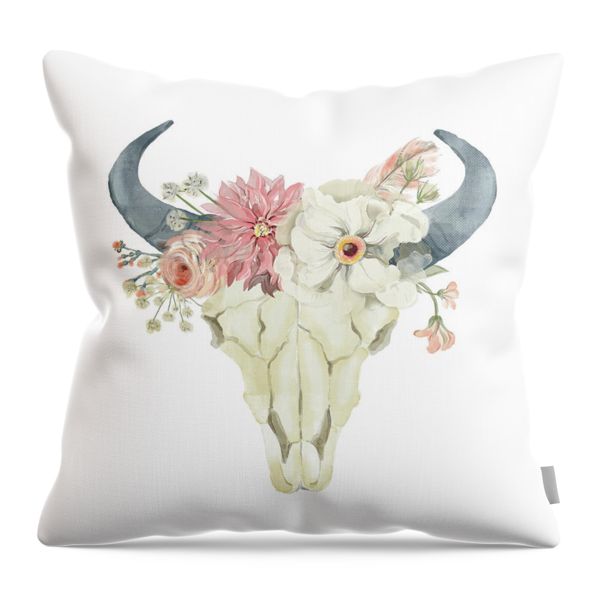 Bull Throw Pillow featuring the digital art Boho Bull Skull Watercolor Floral Anemone Tribal Decor by Pink Forest Cafe