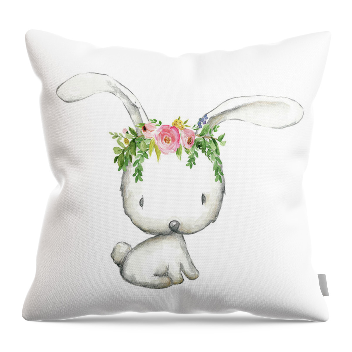 Woodland Throw Pillow featuring the digital art Boho Woodland Bunny Floral Watercolor by Pink Forest Cafe