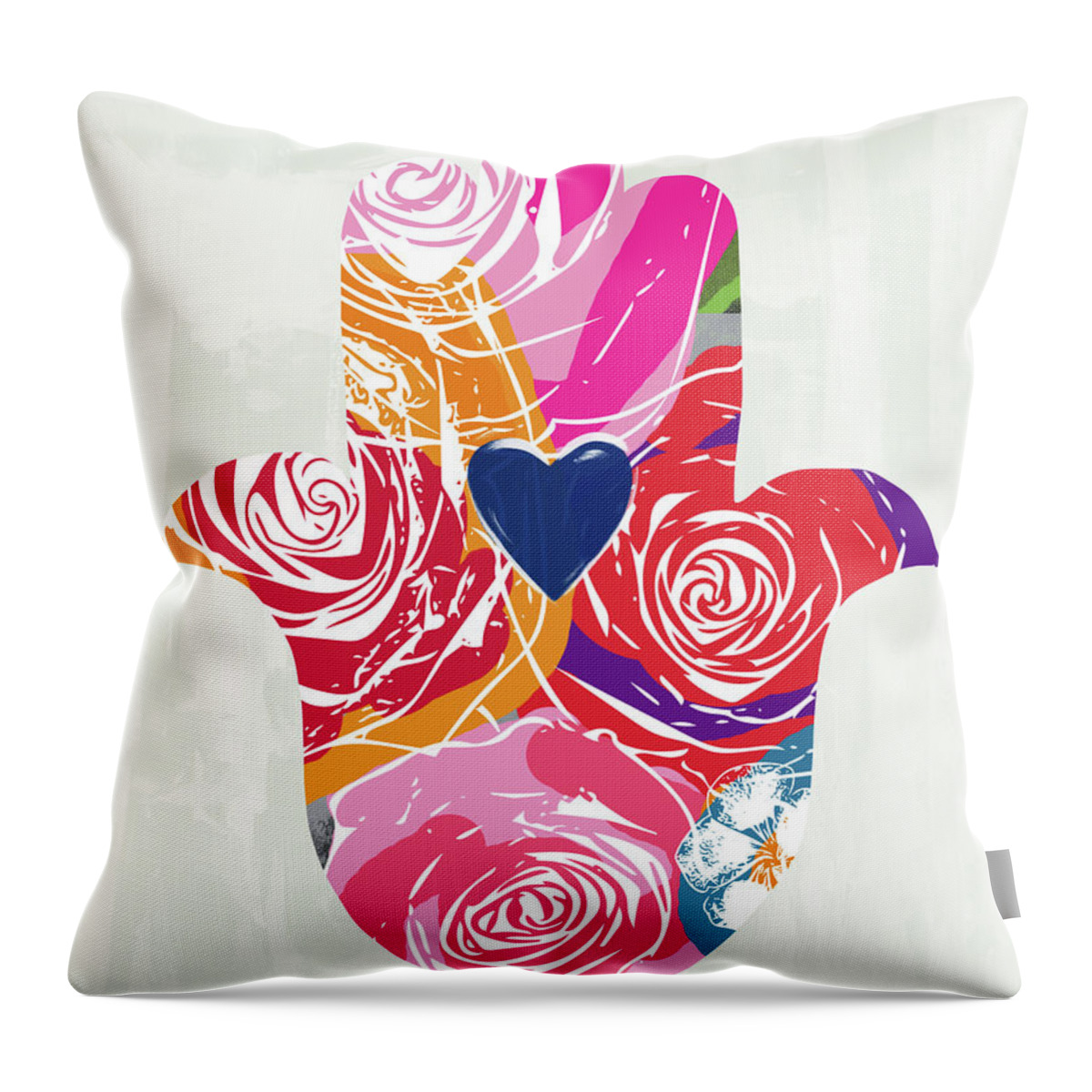 Floral Throw Pillow featuring the mixed media Bold Floral Hamsa- Art by Linda Woods by Linda Woods