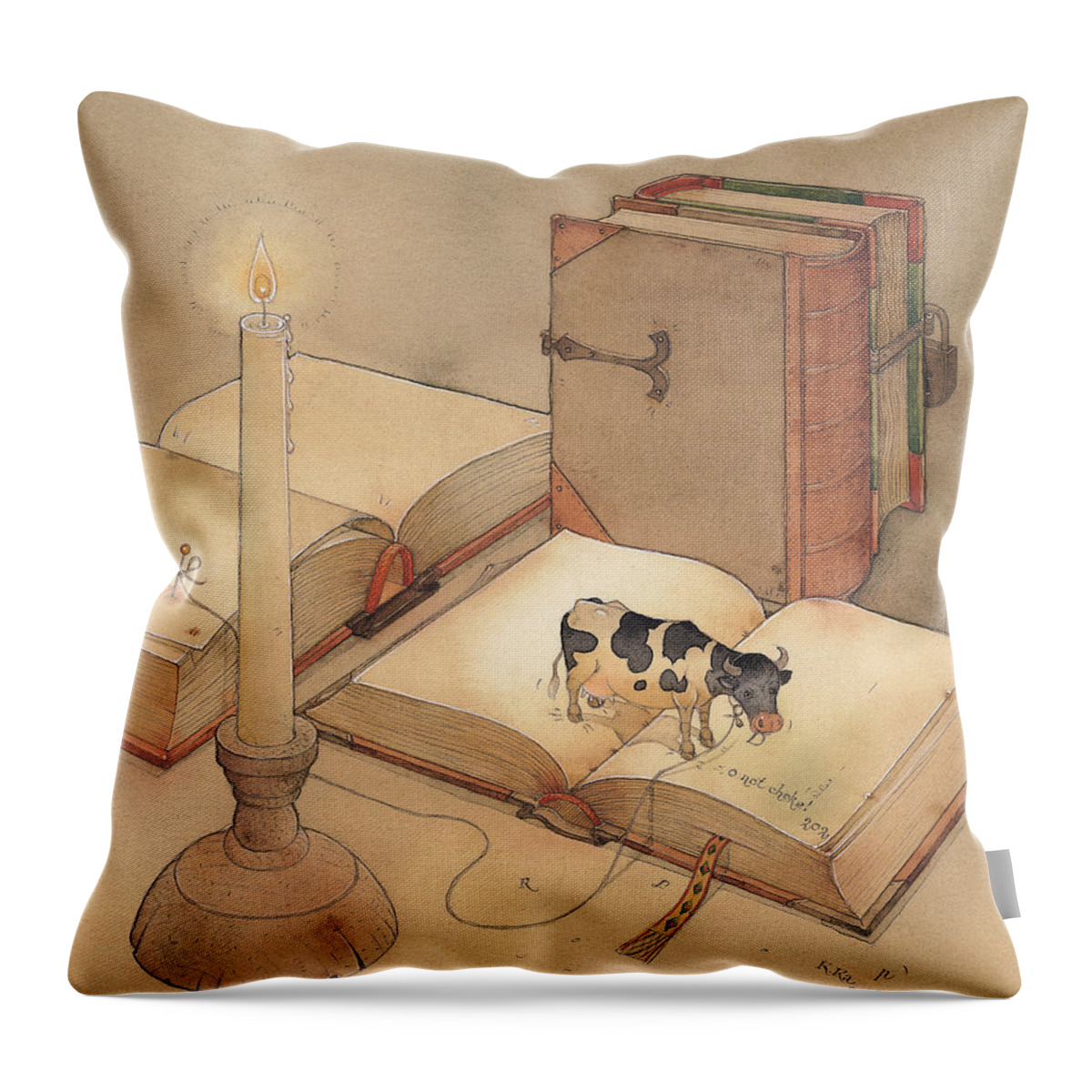 Science Books Cow Candle Reading Throw Pillow featuring the painting Bookish Cow by Kestutis Kasparavicius