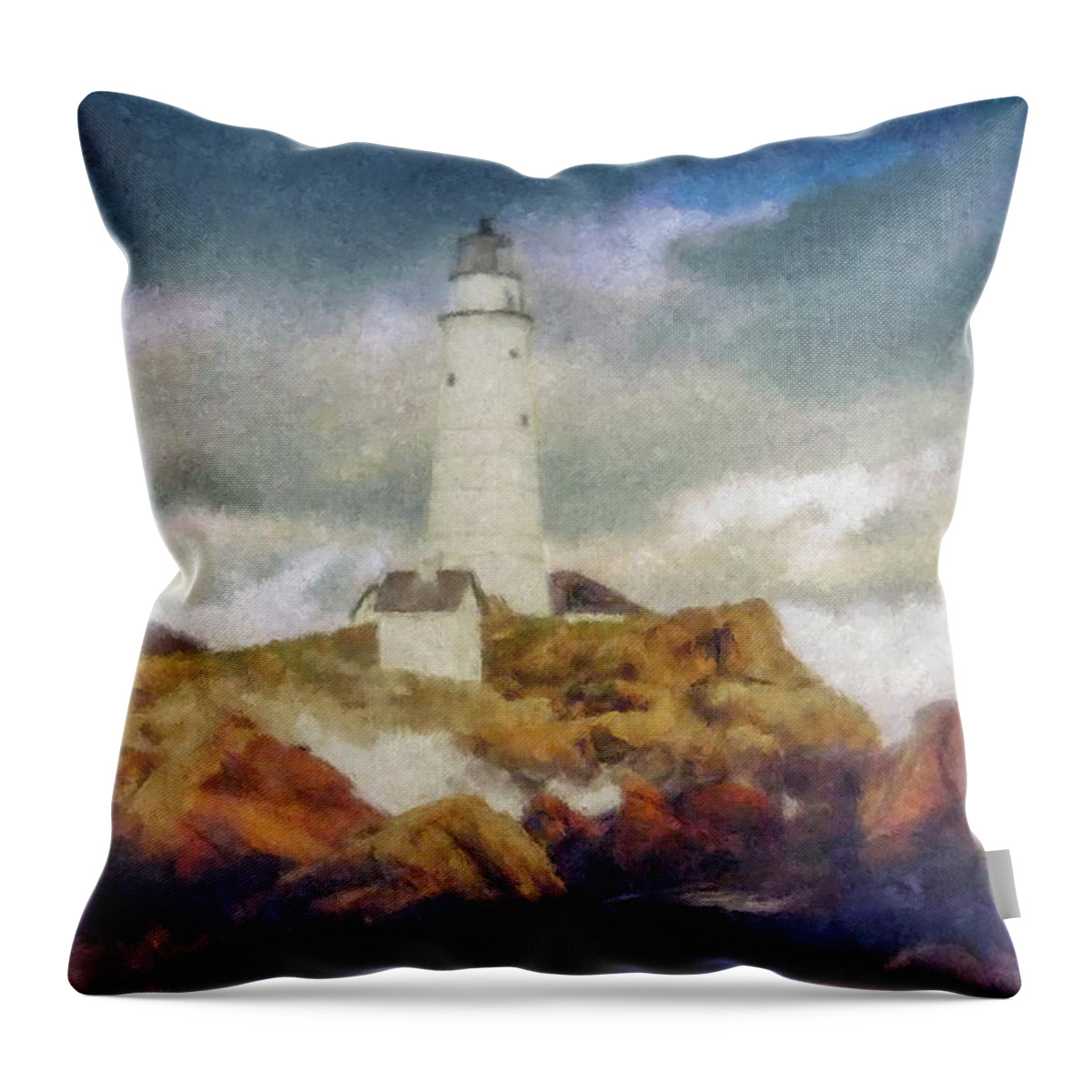 Boston Light Throw Pillow featuring the painting Boston Light on a Stormy Day by Bill McEntee