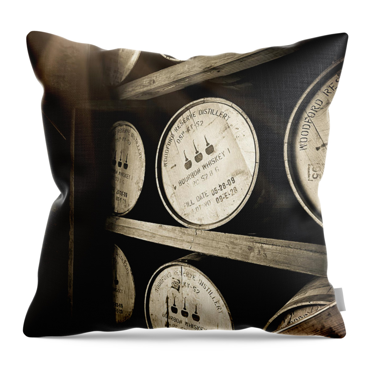Bourbon Barrel Throw Pillow featuring the photograph Bourbon Barrels by Window Light by Karen Varnas