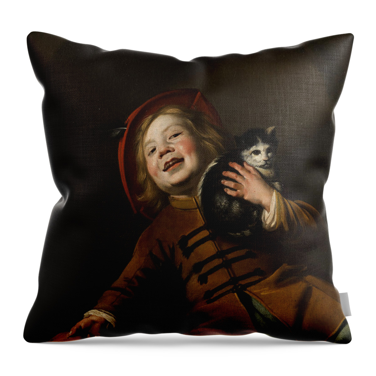 Boy With A Cat Throw Pillow featuring the painting Boy with a cat by Judith Leyster