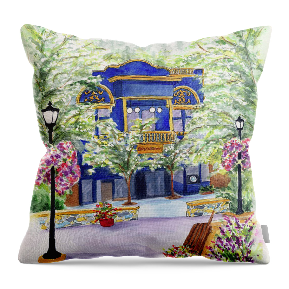 Small Town Throw Pillow featuring the painting Brickroom on the Plaza by Lori Taylor