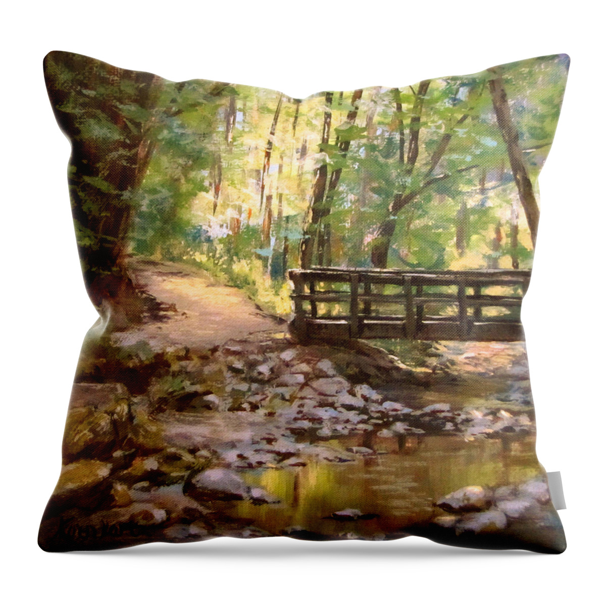 Landscape Throw Pillow featuring the painting Bridge to the Falls by Karen Ilari