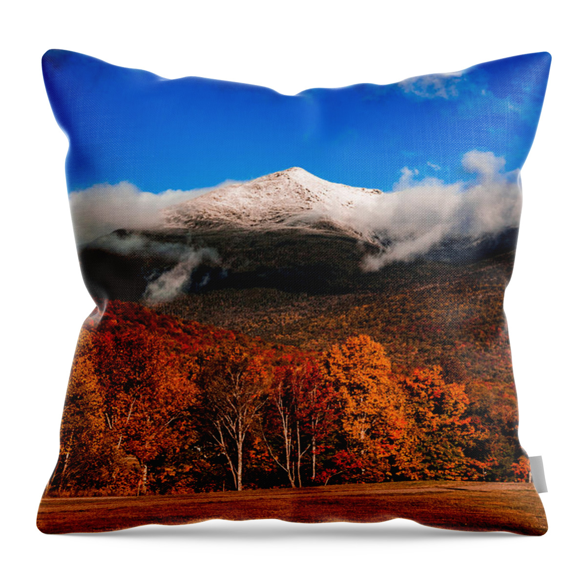 New England Fall Colors Throw Pillow featuring the photograph Bright morning fall foliage at the foot of Mount Washington by Jeff Folger