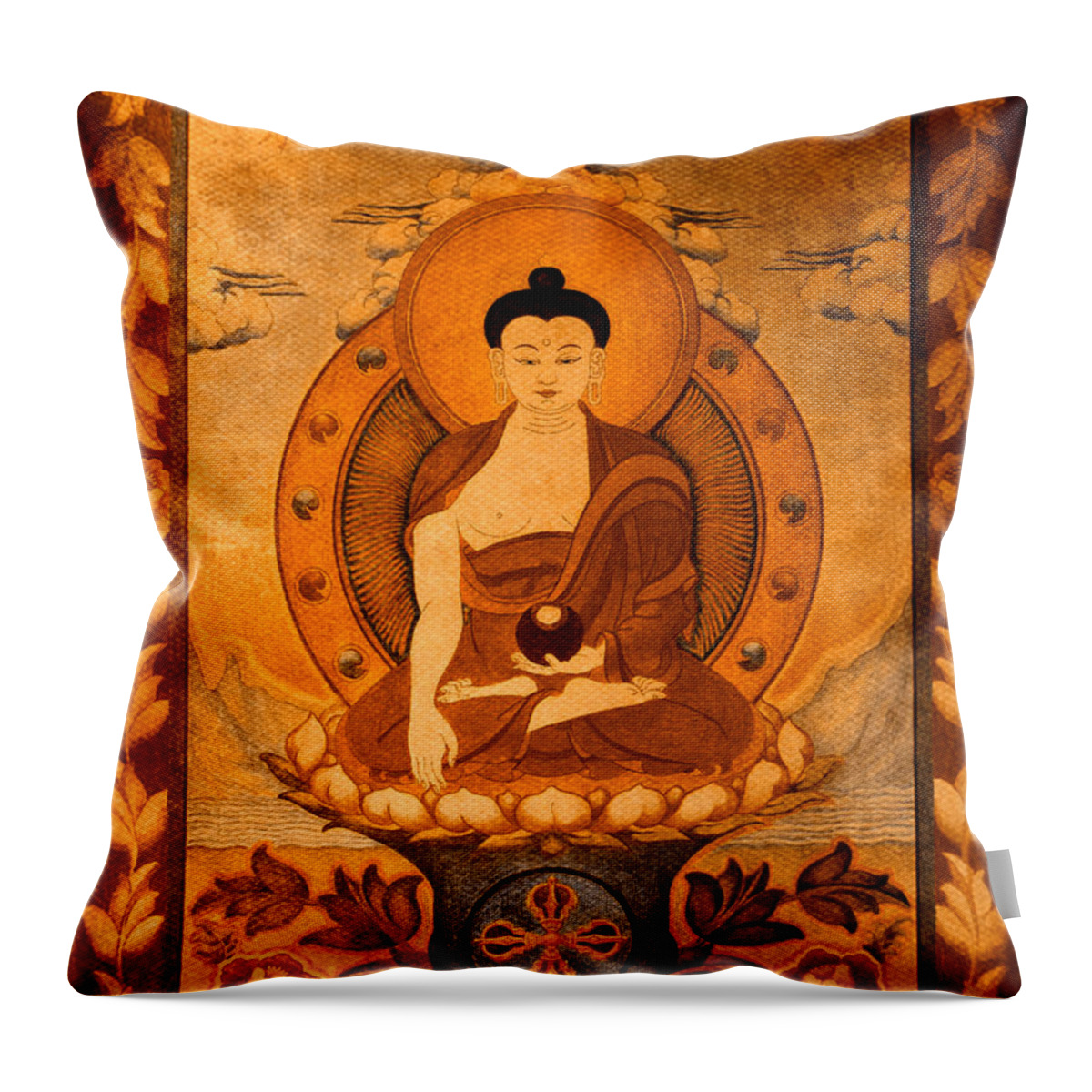Buddha Throw Pillow featuring the drawing Buddha thangka gold by Alexa Szlavics