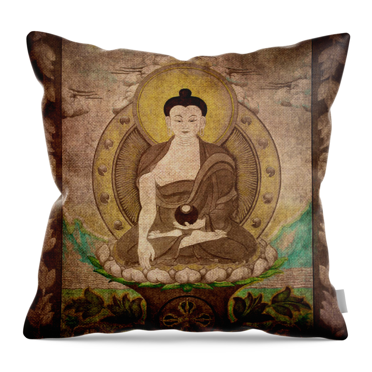 Buddha-nature Throw Pillow featuring the drawing Buddha thangka silver by Alexa Szlavics