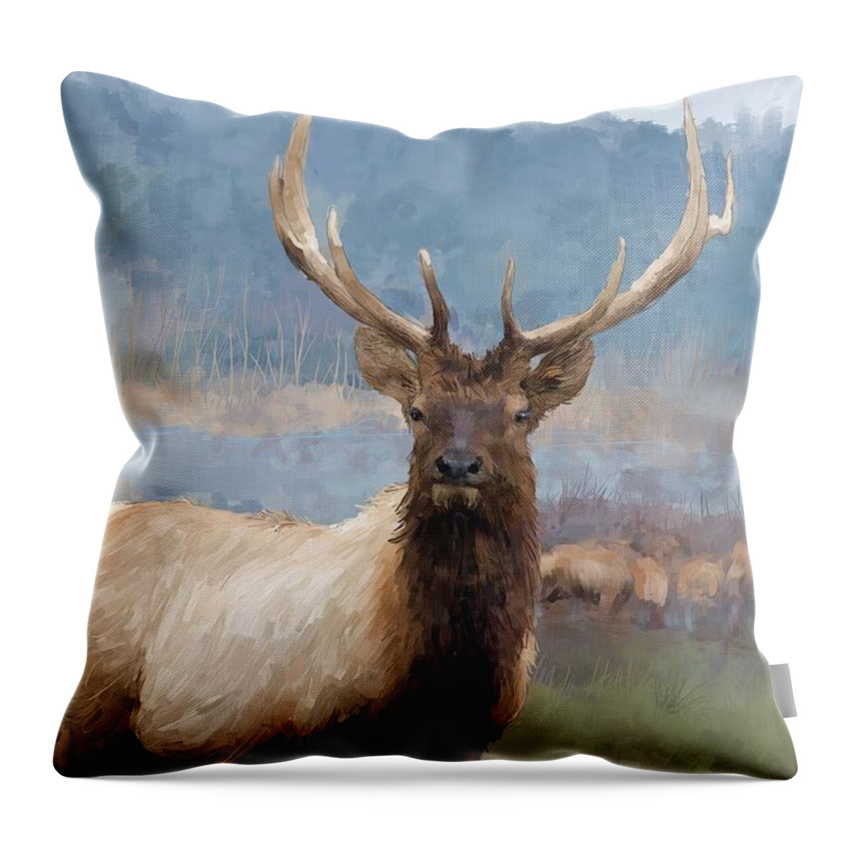 Animal Throw Pillow featuring the digital art Bull elk by the river by Debra Baldwin
