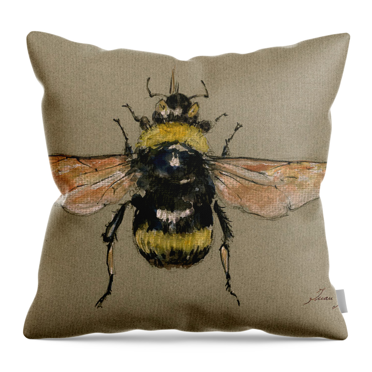 Bumble Bee Throw Pillow featuring the painting Bumble bee art wall by Juan Bosco