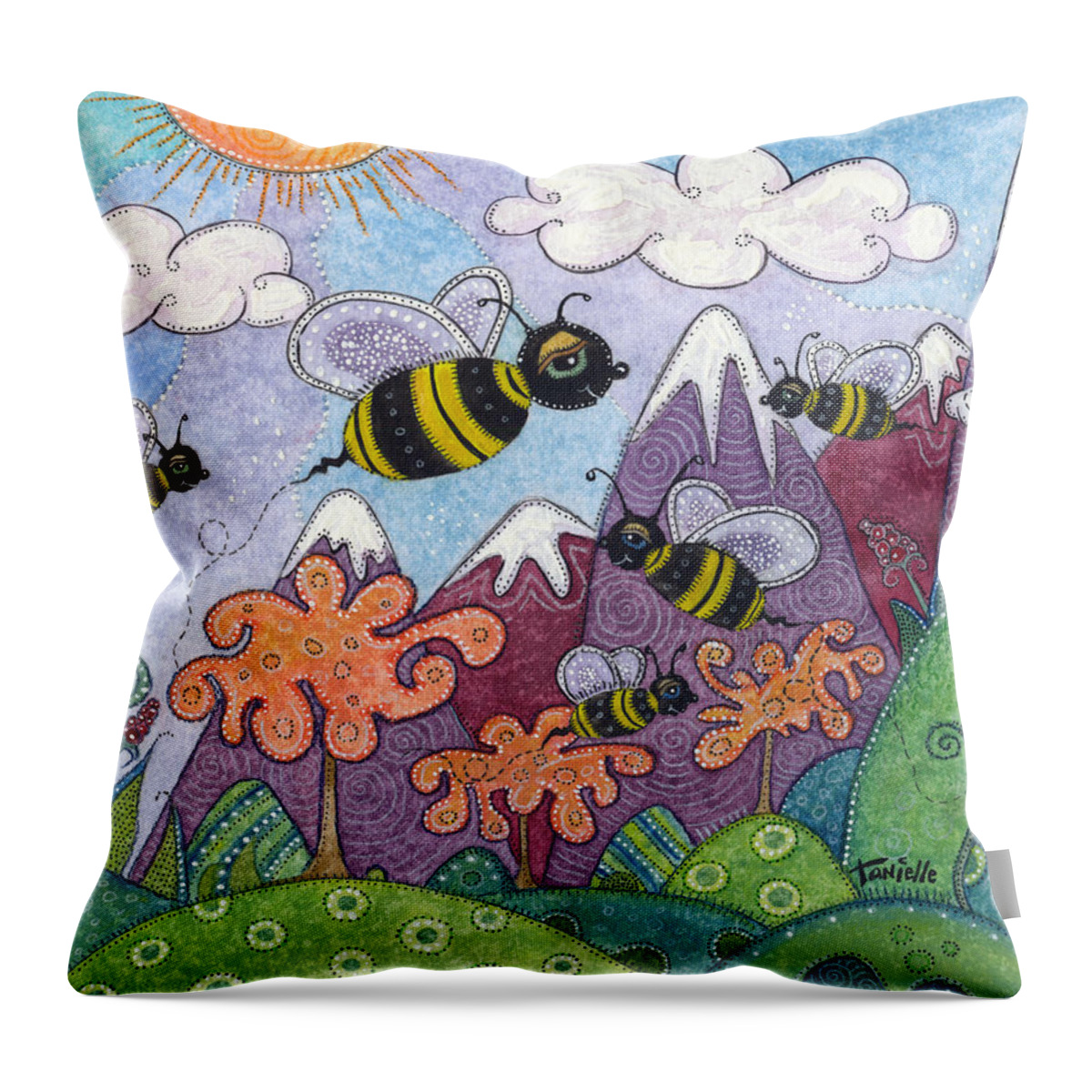 Whimsical Landscape Throw Pillow featuring the painting Bumble Bee Buzz by Tanielle Childers