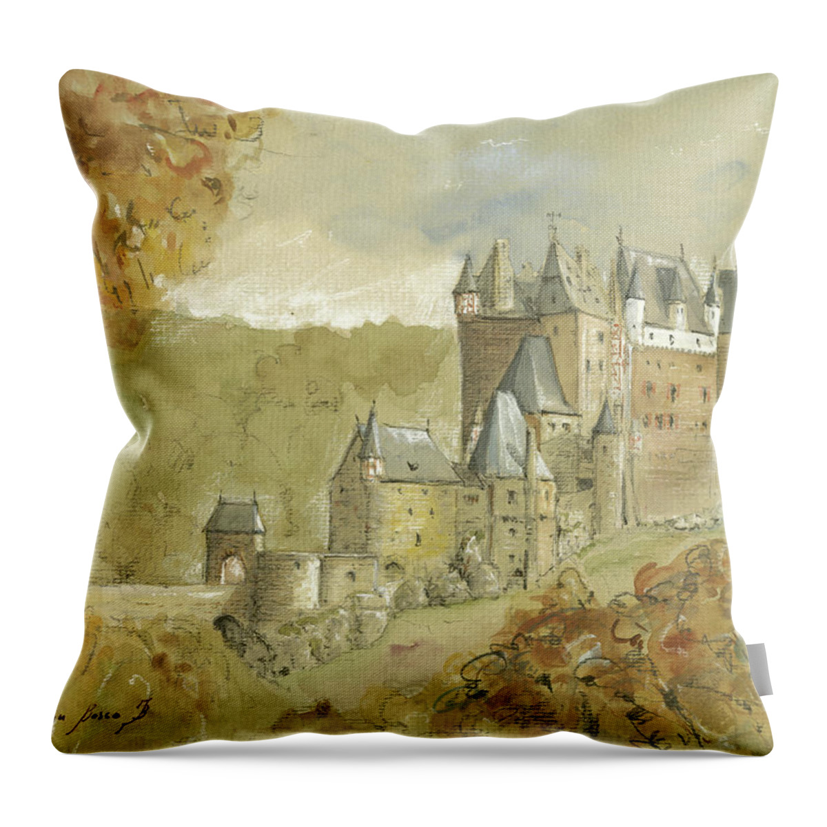 Burg Eltz Art Throw Pillow featuring the painting Burg Eltz castle by Juan Bosco