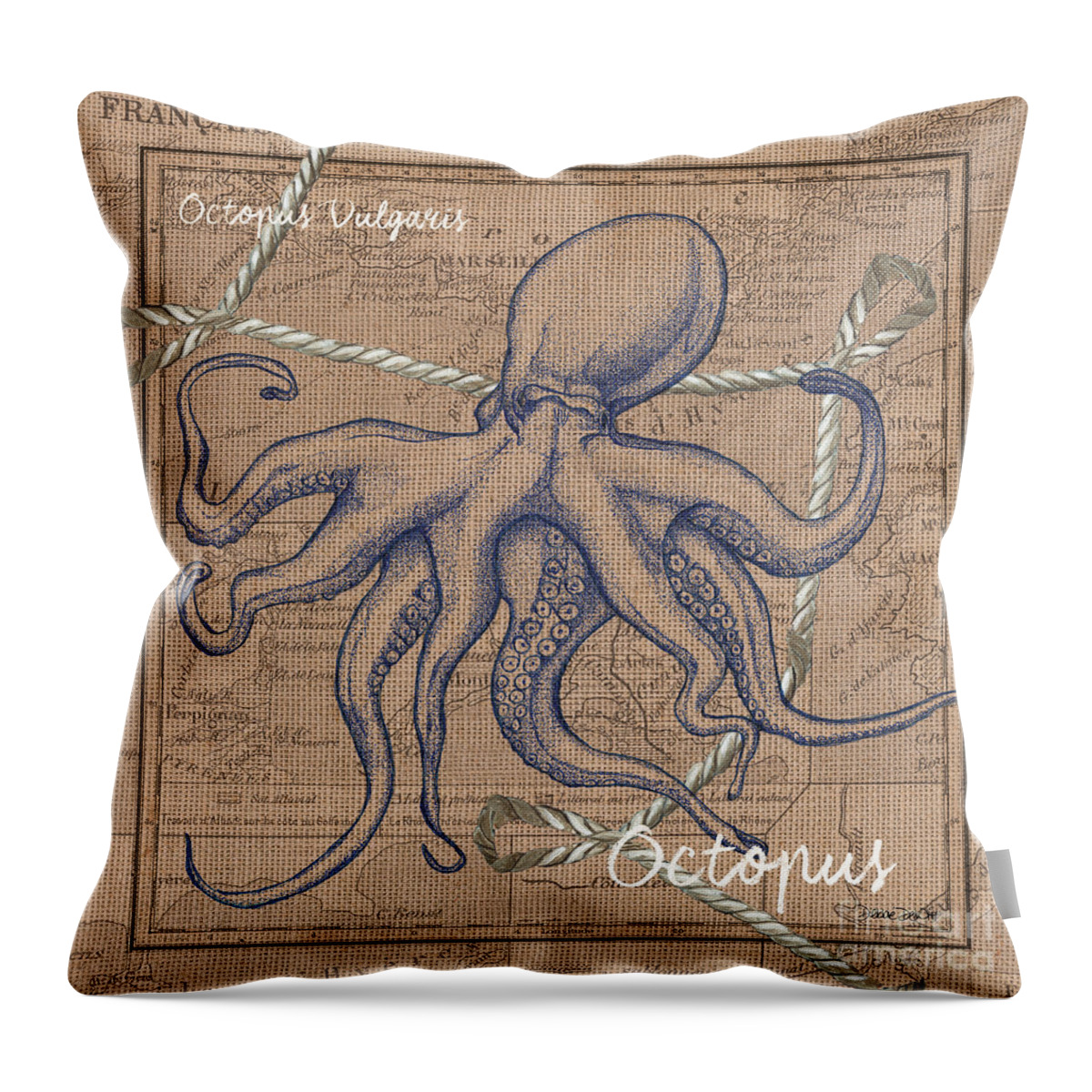 Octopus Throw Pillow featuring the painting Burlap Octopus by Debbie DeWitt