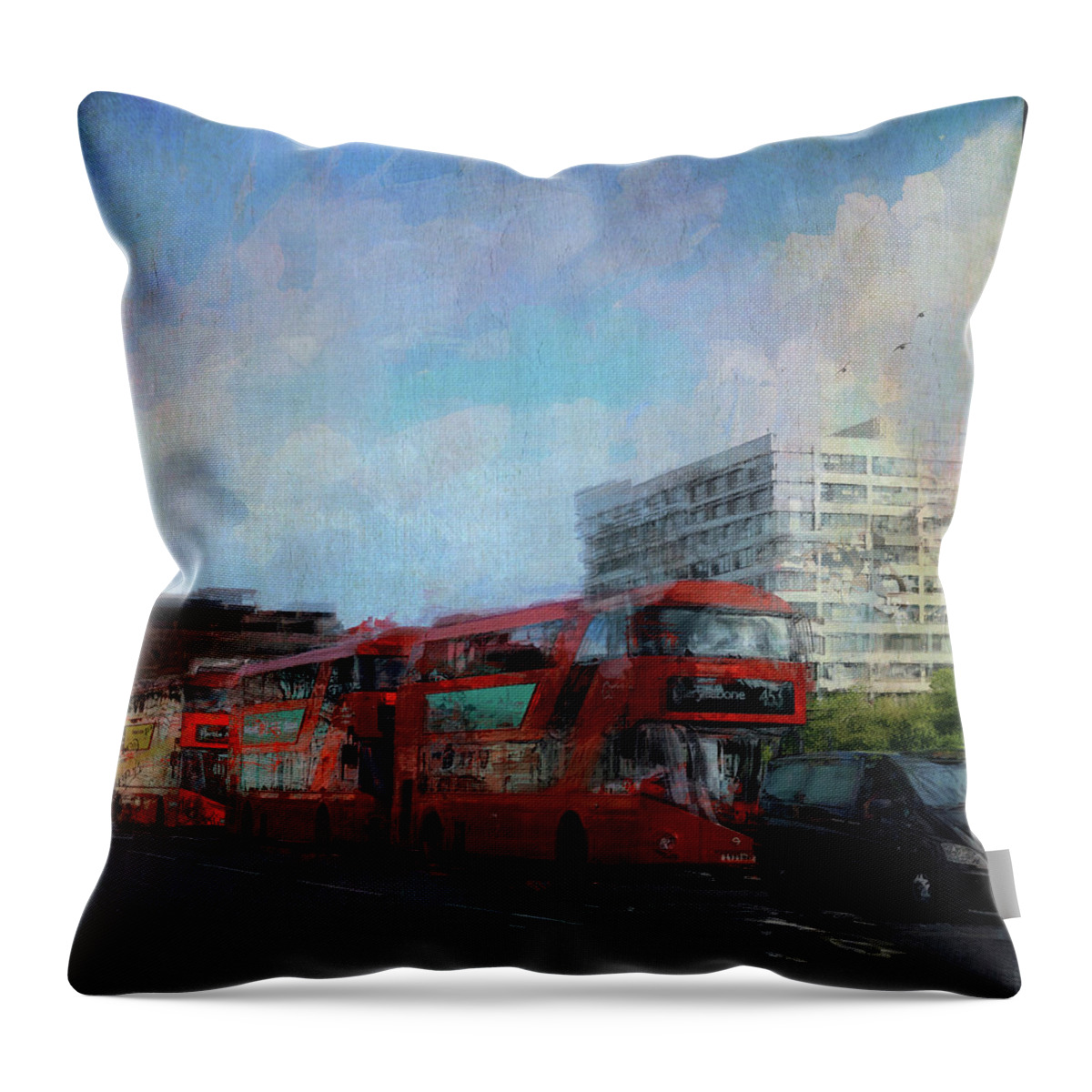London Throw Pillow featuring the digital art Buses on Westminster Bridge by Nicky Jameson