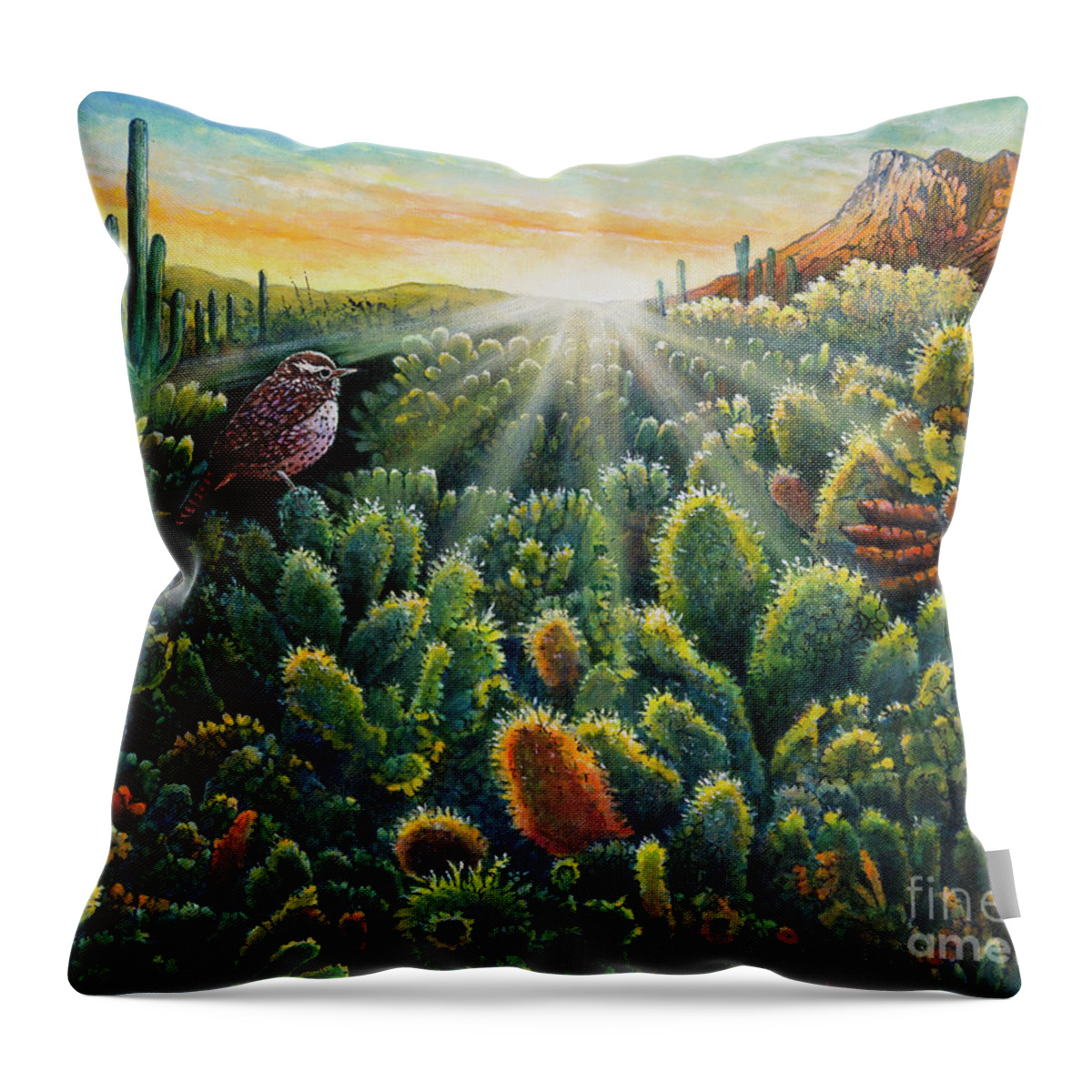 Cactus Wren Throw Pillow featuring the painting Cactus Wren by Michael Frank