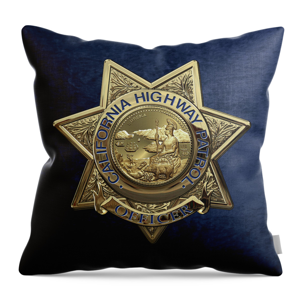 'law Enforcement Insignia & Heraldry' Collection By Serge Averbukh Throw Pillow featuring the digital art California Highway Patrol - C H P Police Officer Badge over Blue Velvet by Serge Averbukh