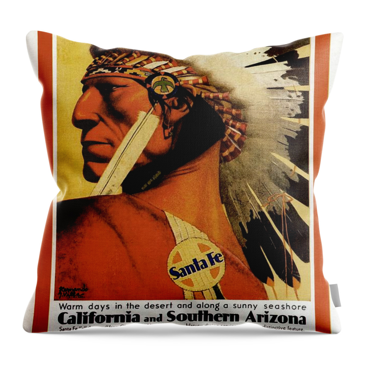 Red Indian Throw Pillow featuring the mixed media California - Southern Arizona - Red Indian - Native American - Santa Fe - Vintage Advertising Poster by Studio Grafiikka