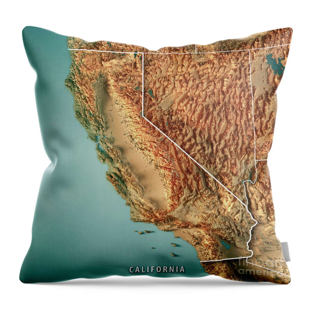 California Throw Pillow featuring the digital art California State USA 3D Render Topographic Map Border by Frank Ramspott