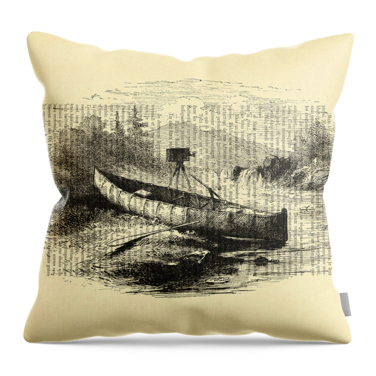 Canoe Throw Pillow featuring the digital art Canoe with field camera in black and white antique illustration by Madame Memento