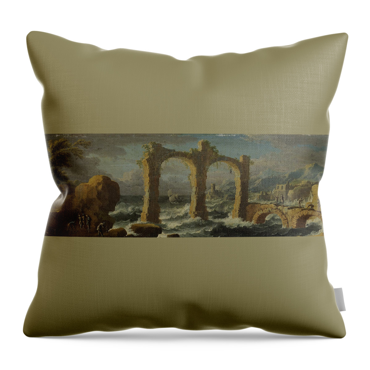 Leonardo Coccorante Napoli 1680 � 1750 Throw Pillow featuring the painting Capriccio with a storm on the sea by MotionAge Designs