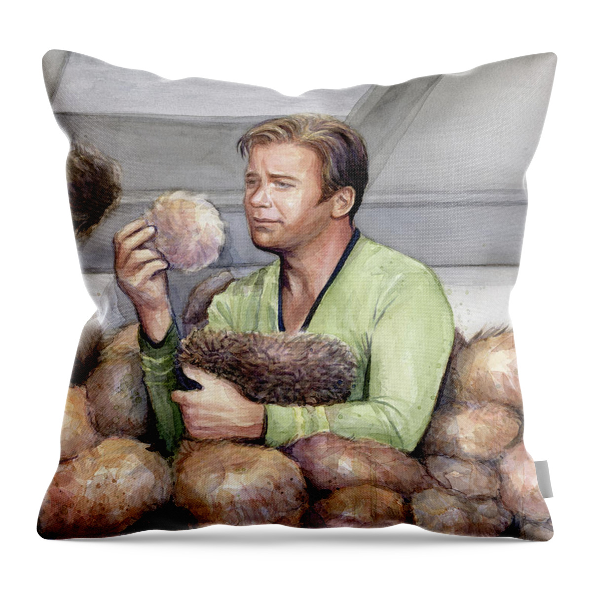 Star Trek Throw Pillow featuring the painting Captain Kirk and Tribbles by Olga Shvartsur