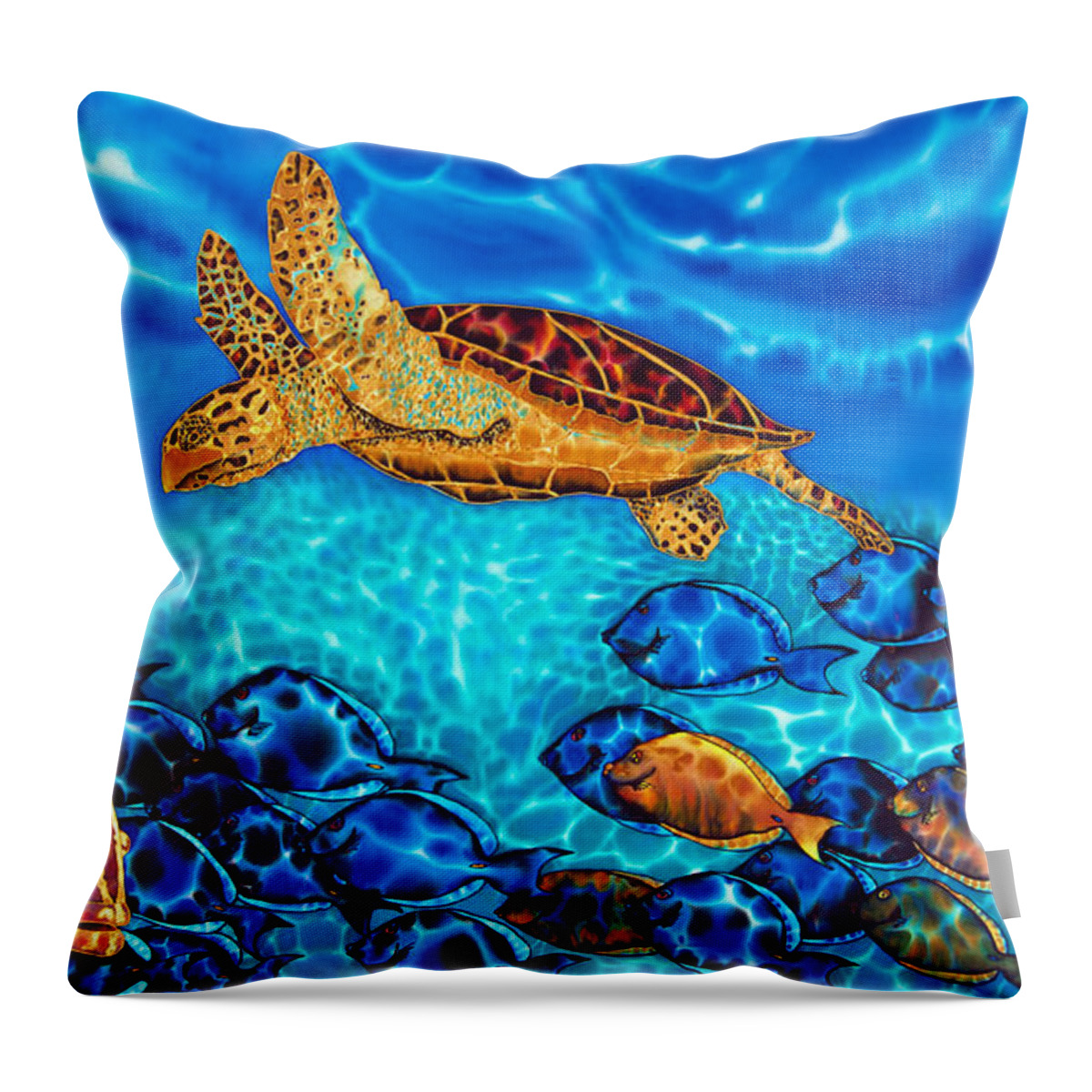 Turtle Throw Pillow featuring the painting Caribbean Sea Turtle and Reef Fish by Daniel Jean-Baptiste
