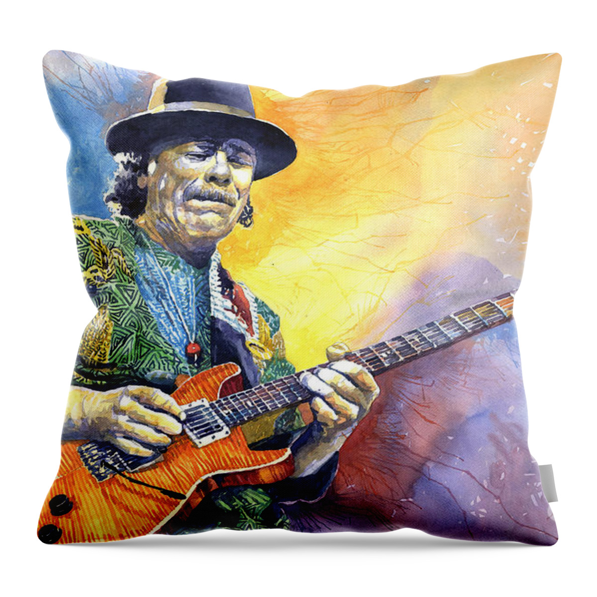 Watercolor Throw Pillow featuring the painting Carlos Santana by Yuriy Shevchuk