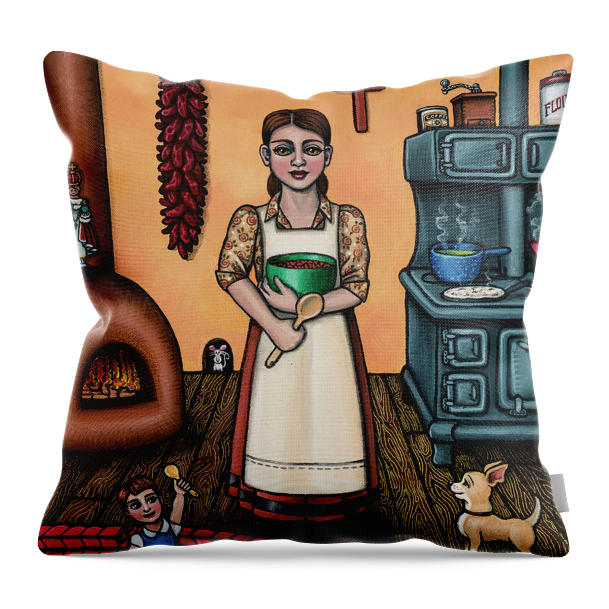 Kitchen Art Throw Pillow featuring the painting Carmelitas Kitchen Art by Victoria De Almeida