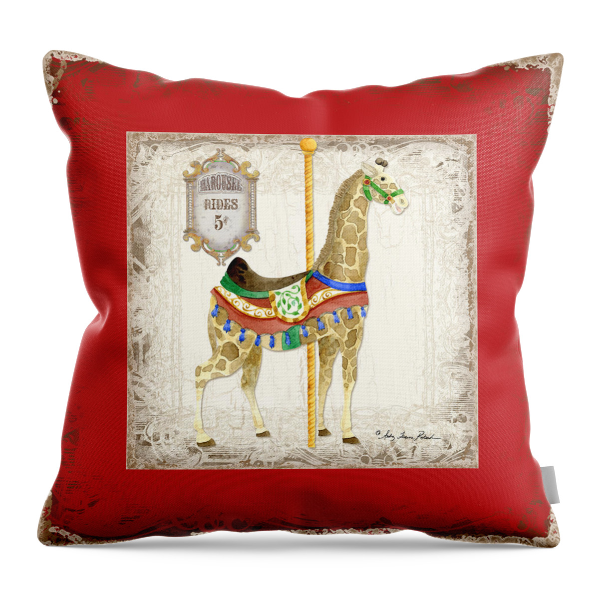 Carousel Throw Pillow featuring the painting Carousel Dreams - Giraffe by Audrey Jeanne Roberts