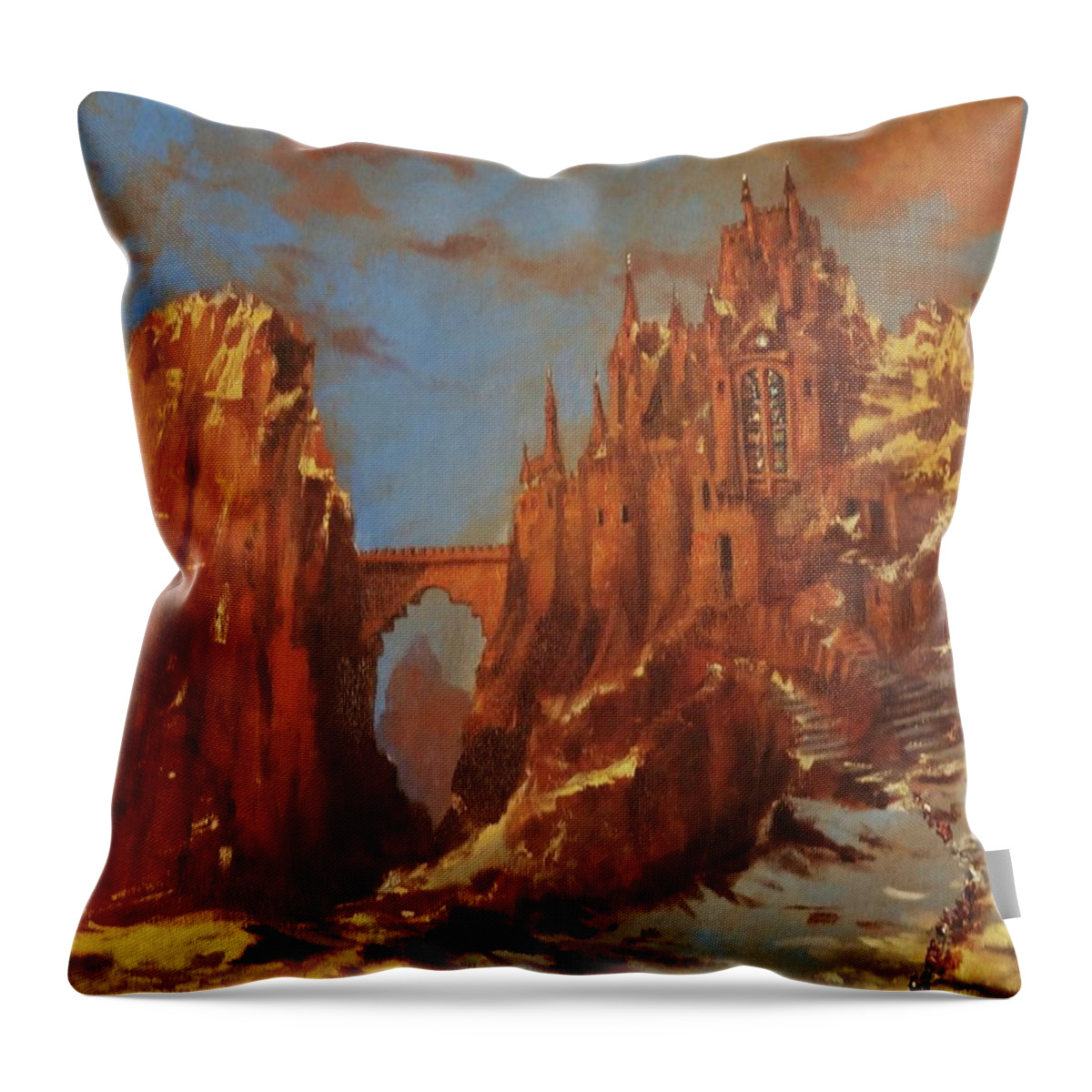 Fantasy Throw Pillow featuring the painting Castle of the Mountain King by Tom Shropshire