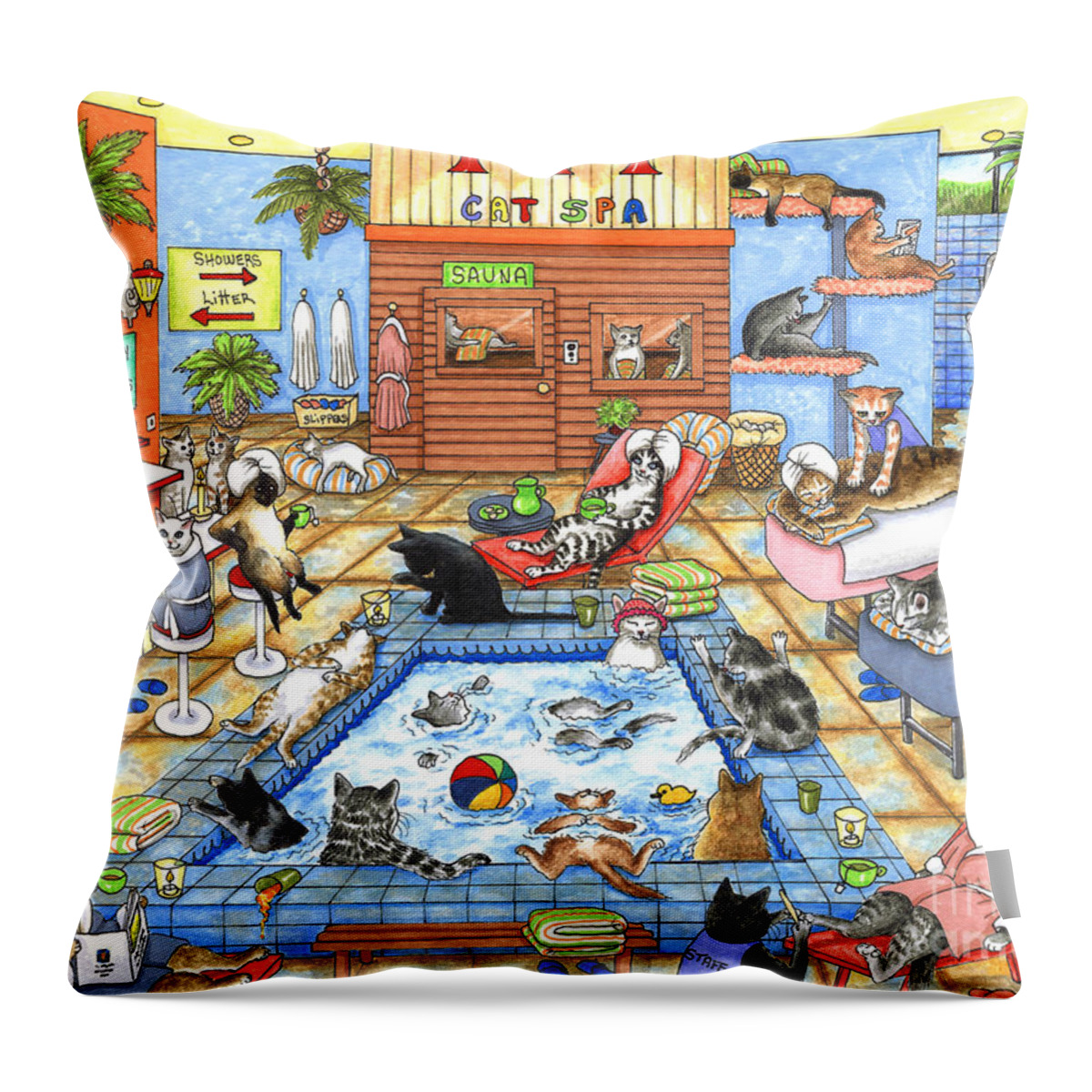 Cat Throw Pillow featuring the painting Cat 635 Cat Spa by Lucie Dumas