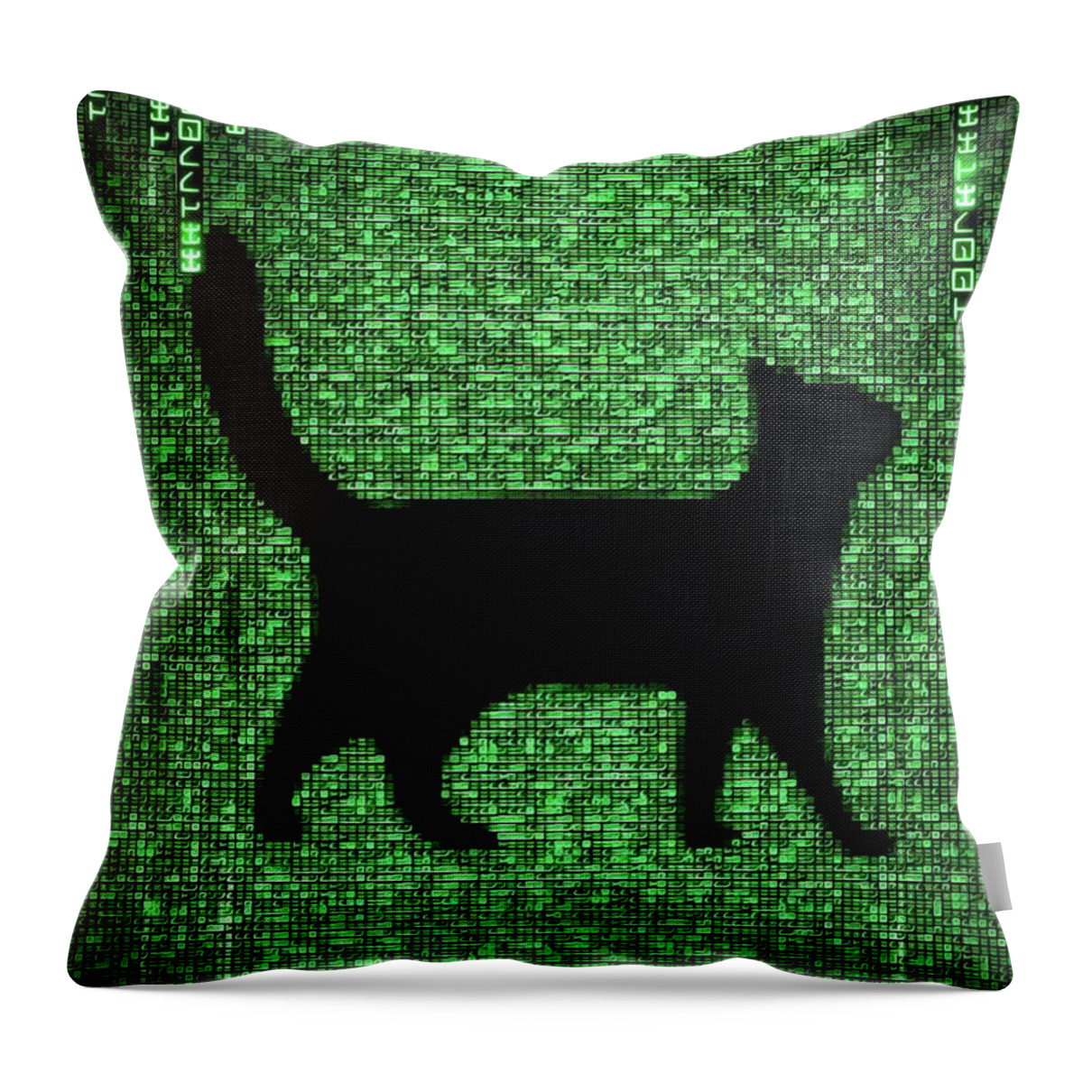 Cat Throw Pillow featuring the digital art Cat in the Matrix black and green by Matthias Hauser