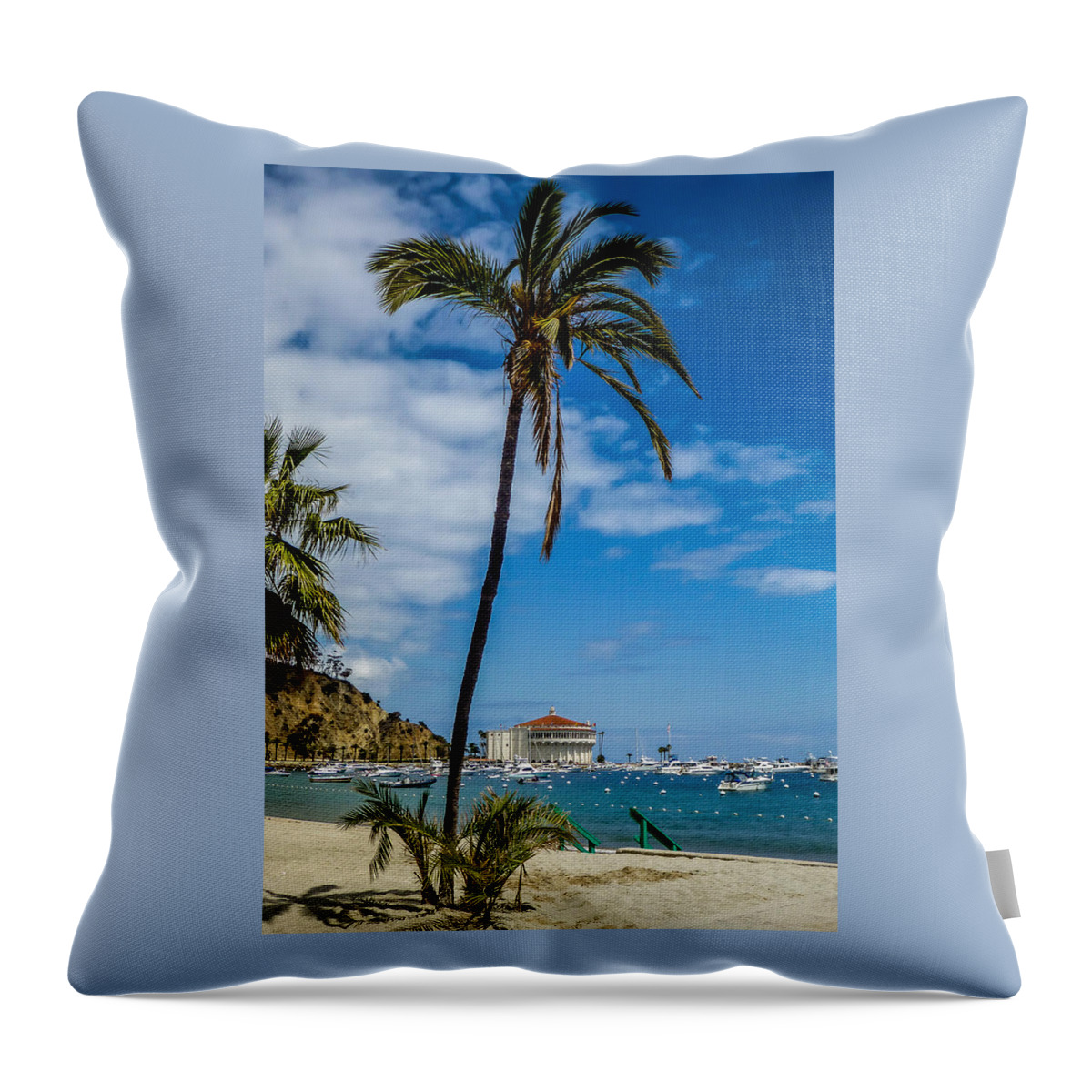 Catalina Throw Pillow featuring the photograph Catalina Casino and Palm Tree by Pamela Newcomb