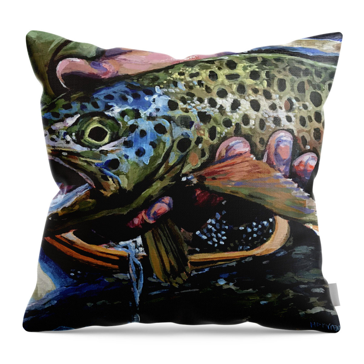 Brown Trout Throw Pillow featuring the painting Catch of the Day by Les Herman