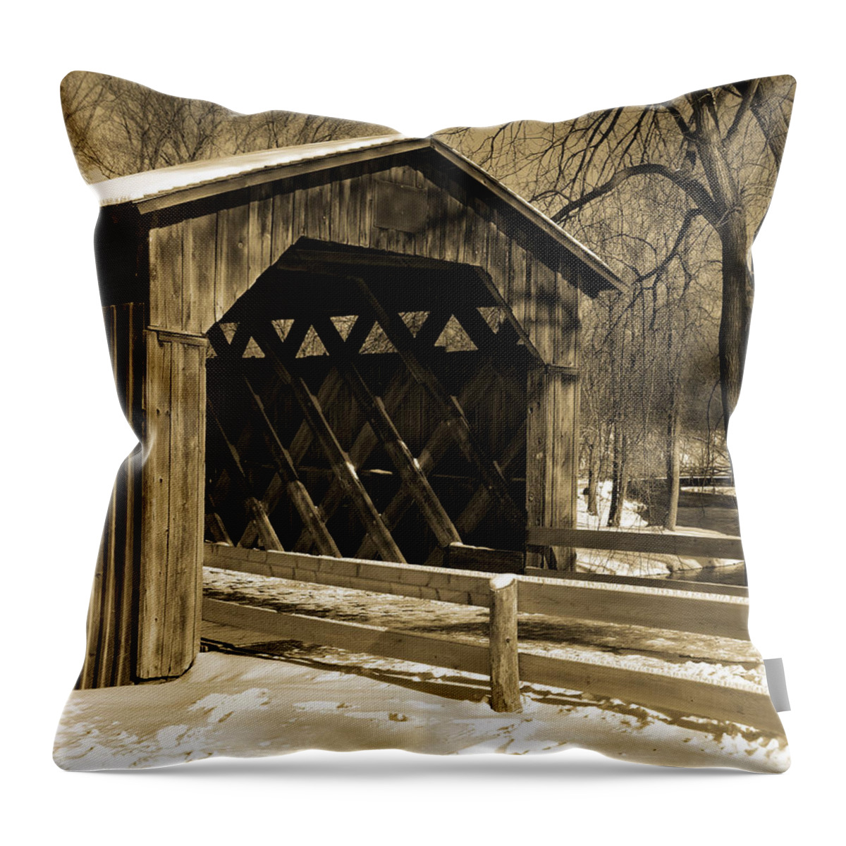 Covered Bridge Throw Pillow featuring the photograph Cedarburg Covered Bridge in Winter Sepia by David T Wilkinson