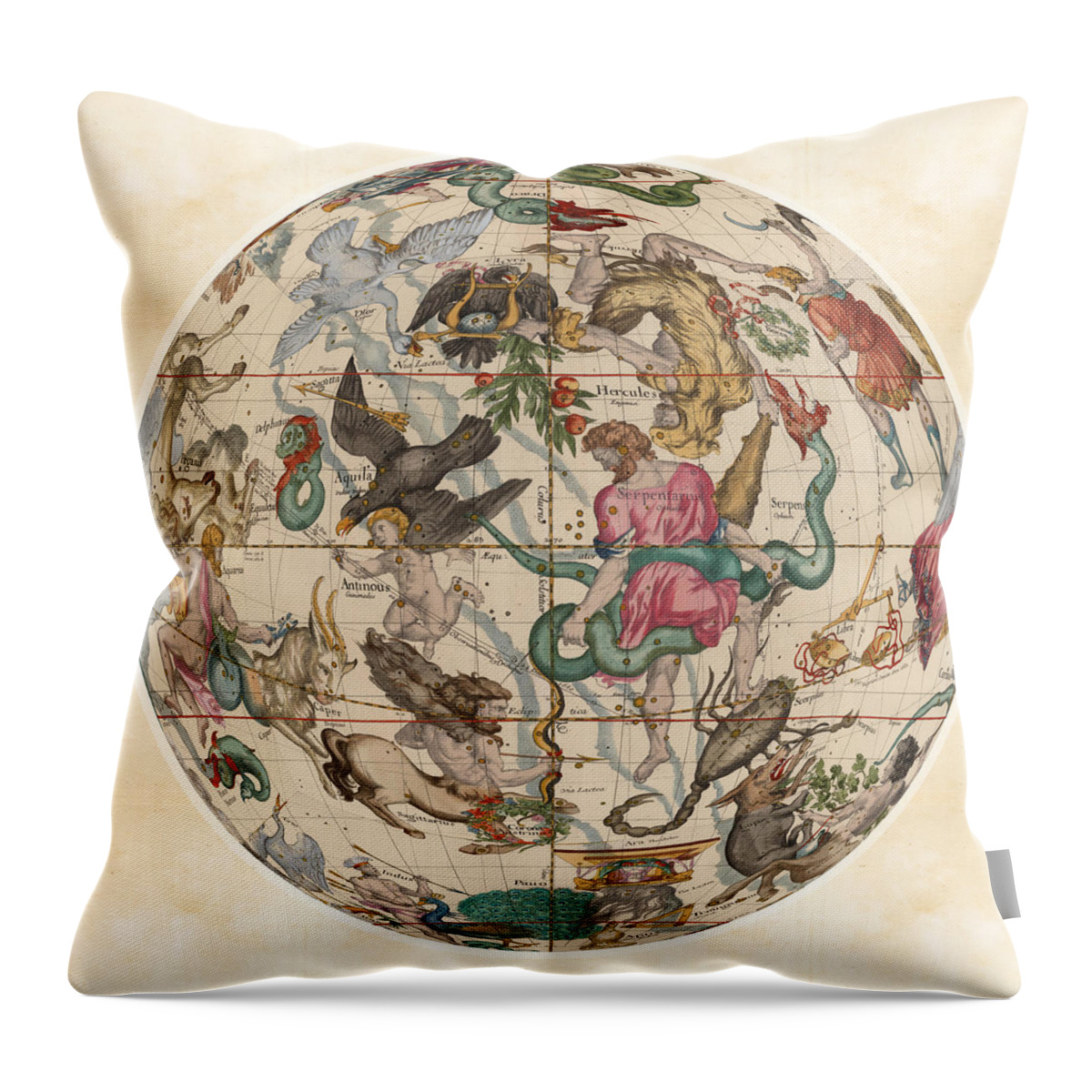 Celestial Map Throw Pillow featuring the drawing Celestial Map - Sagittarius, Scorpio, Serpentarius, Hercules - Illustrated map of the Sky by Studio Grafiikka