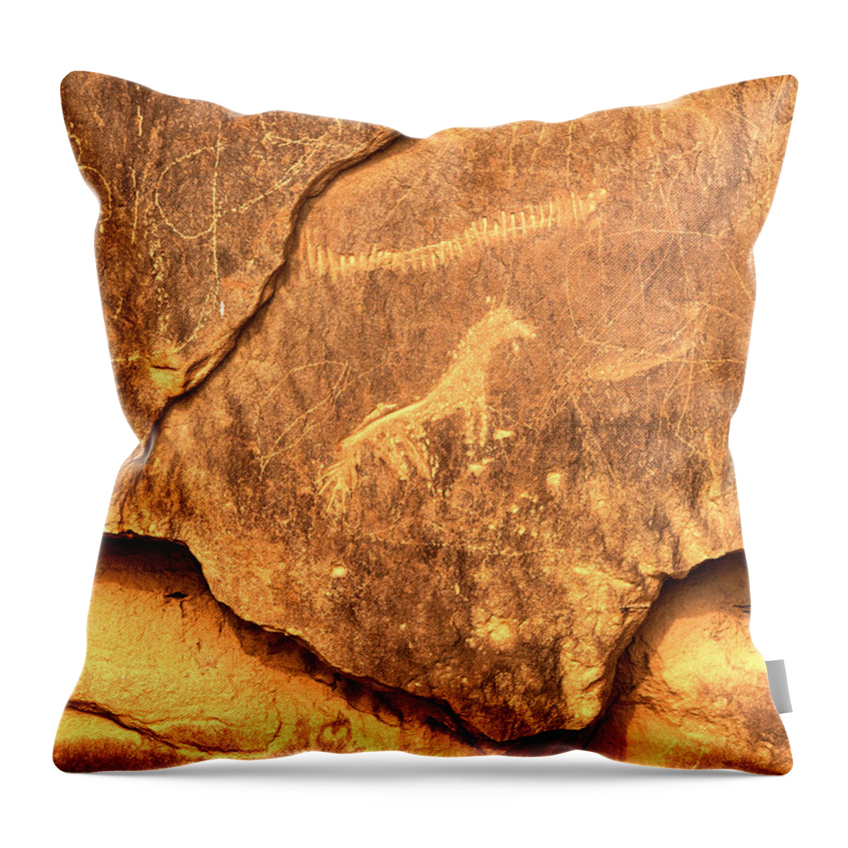 Petroglyphs Throw Pillow featuring the photograph Chaco Horse Petroglyph by Adam Jewell